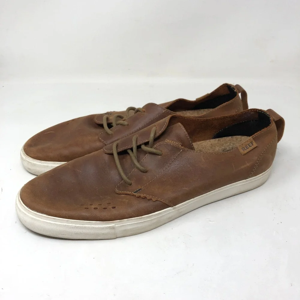 Reef Mens 12 Landis 2 Natural Brown Leather Sneakers Lace Up Casual Skate Shoe